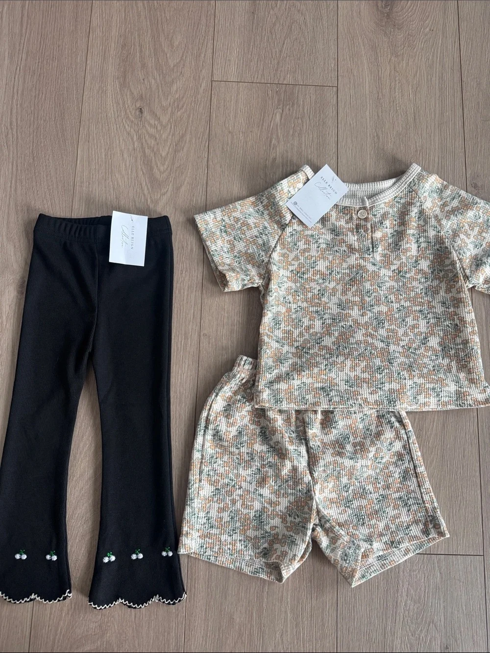 Kids Two-Piece Floral Ribbed Pajama Set with Black Knit Leggings